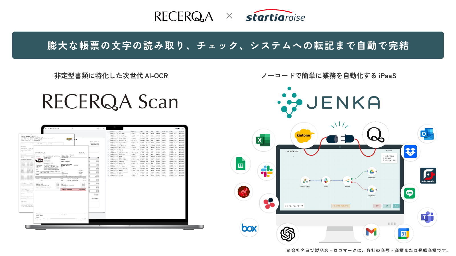 スターティアレイズのデータ連携ツール『JENKA』、次世代 AI-OCR『RECERQA Scan』と連携し、相互販売契約を締結